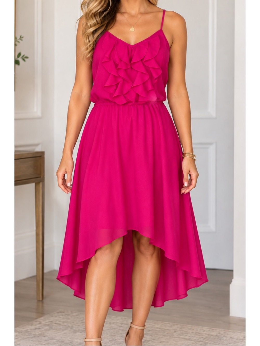 Bisou Bisou Fuchsia Ruffle High-Low Dress, Size 6